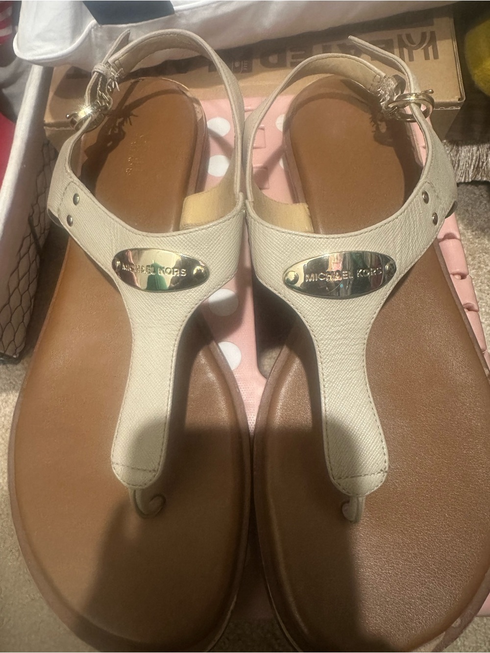 Michael Kors Cream T-Strap Logo Plate Leather Sandals